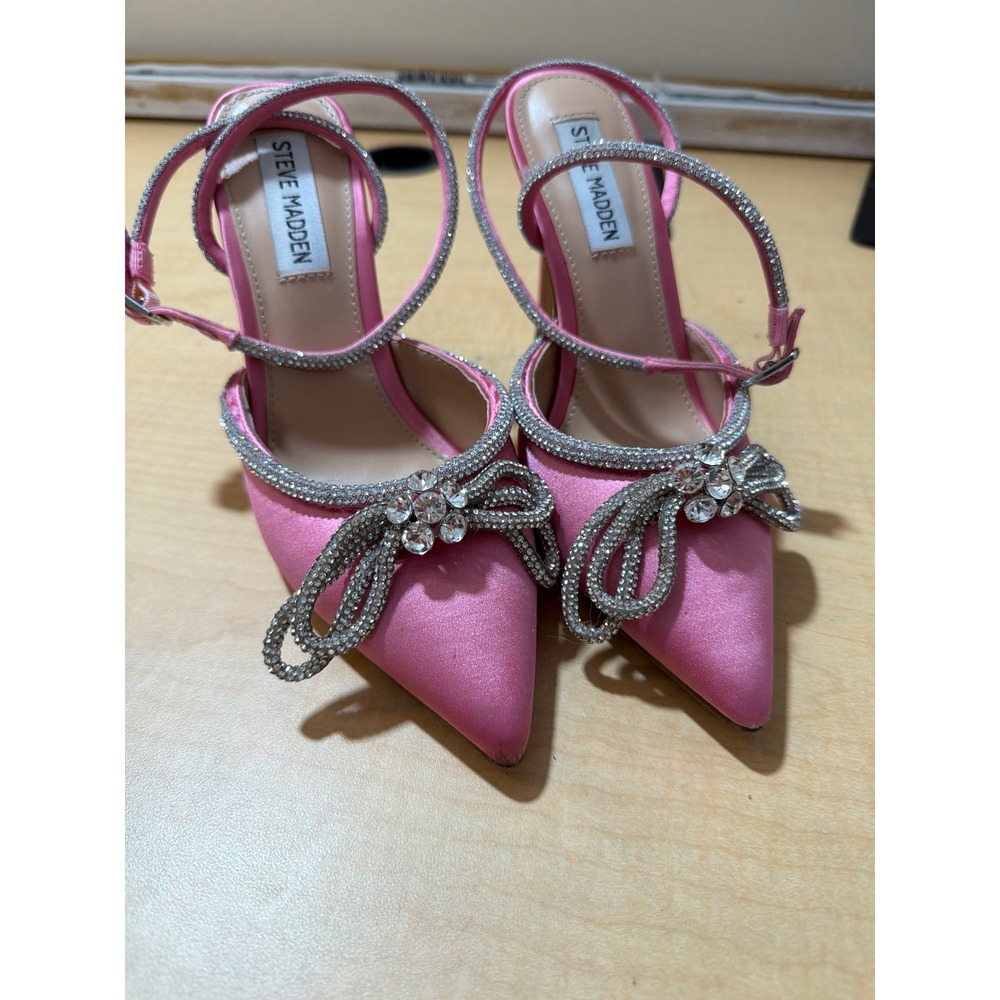 Steve Madden Pink Satin Rhinestone Bow Ankle Strap Pointed Toe Pumps Heels - Picture 4 of 6